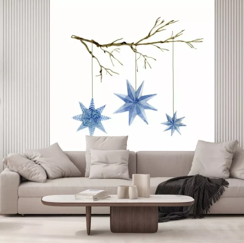 Sticker Watercolor illustration of Christmas blue stars decoration elements on the branch. Hand-drawn illustration on the white background