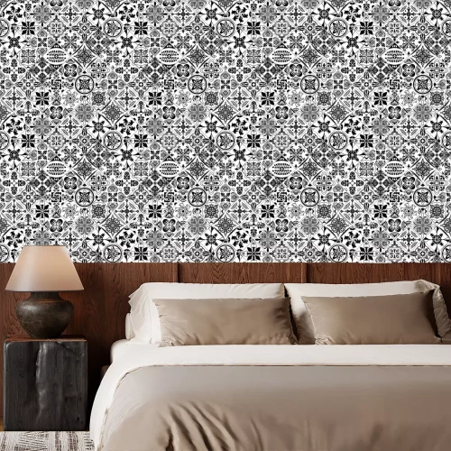 Tapete Vector tile pattern, Lisbon floral mosaic, Mediterranean black and white ornament