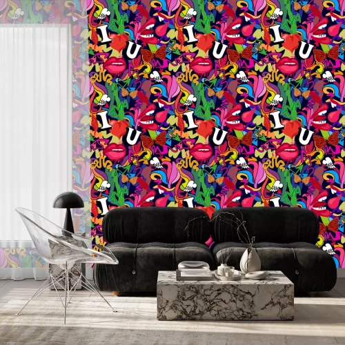 Tapete Graffiti mit Herzlippen und Schriftzug