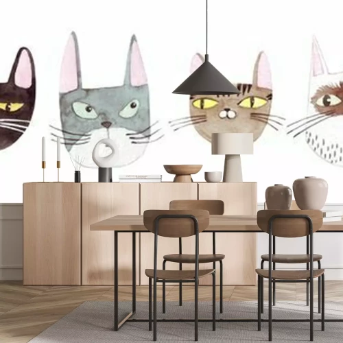 Sticker Cute cats collection on white background. Colorful graphic cats, poster design. Watercolor hand drawn illustration. Painted backdrop. Cloth pattern. Cat, kitten, head.