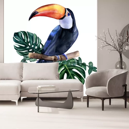 Sticker Watercolor hand painted colorful realistic illustration of toucan bird with monstera leaves and eucalyptus branches. Bright tropical composition is perfect for invitation for thematic wedding or party