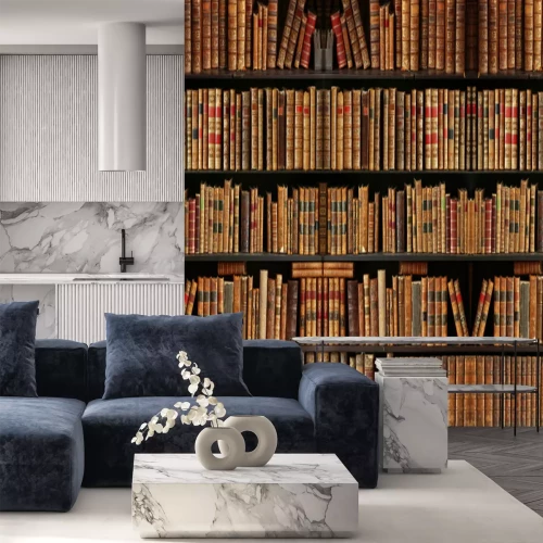 Fototapete Old books on wooden shelf