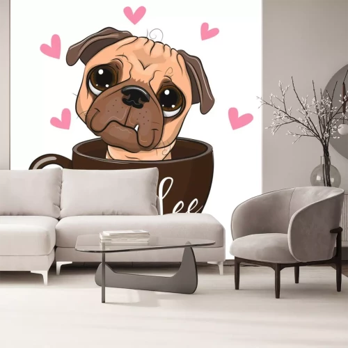 Sticker Bulldogge in einer Kaffeetasse sitzend