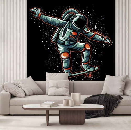 Sticker Astronaut skateboarding in the galaxy vector illustration. Astronaut design for t-shirt, sticker, or poster
