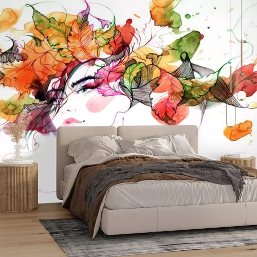 Sticker Gesicht einer Frau inmitten von Herbstblättern