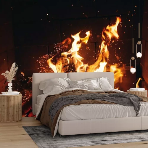 Fototapete Feuer von brennendem Holz im Kamin