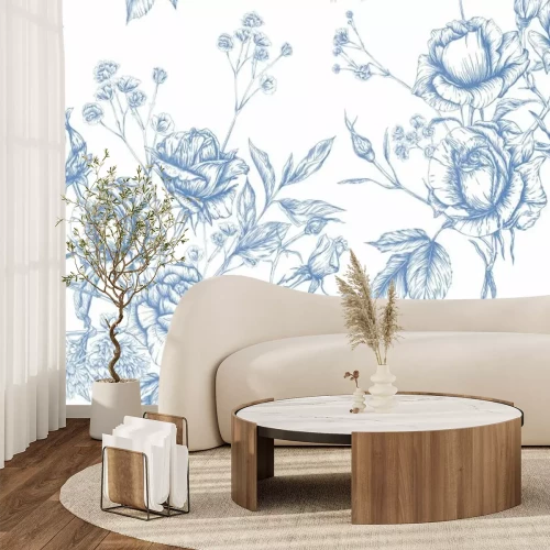 Fototapete Blaue Blumen im Skizzenstil auf weißem Hintergrund