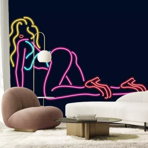 Sticker Neon silhouette of girl. Vector illustration isolated on dark background