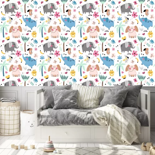 Tapete Grafische Elefanten, Vögel und Blumen