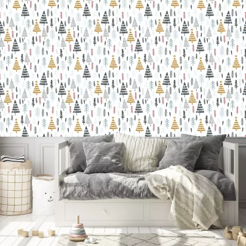 Tapete Winterlicher Nadelwald auf weißem Hintergrund