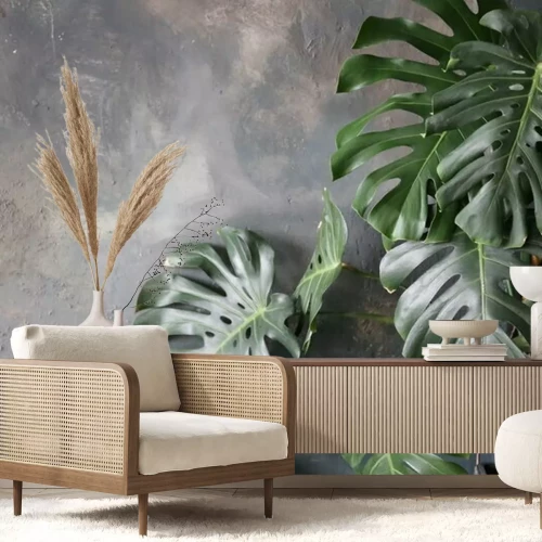 Fototapete Grüne Pflanzen auf grauem Hintergrund