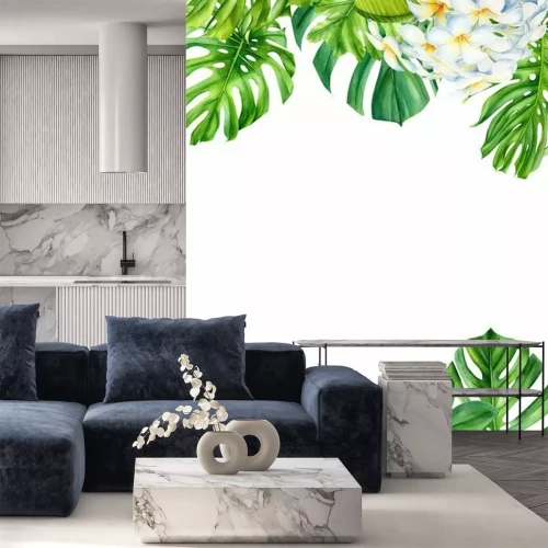 Sticker Tropical leaves and flowers on an isolated background, greeting cards with space for text, watercolor painting, botanical illustration, floral design, plumeria, palms, monstera