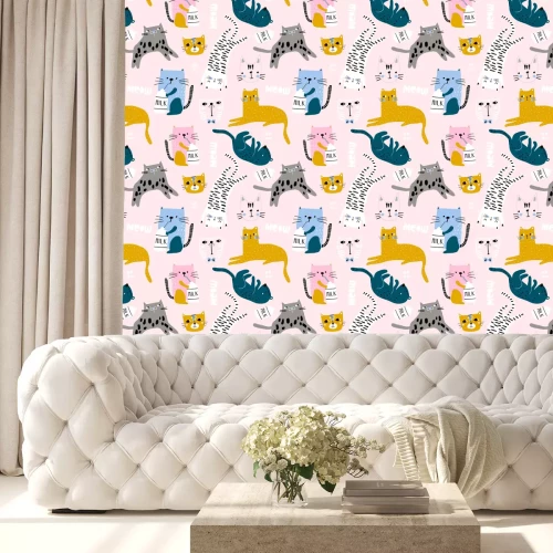 Tapete Nahtloses kindliches Muster mit niedlichen Katzen in verschiedenen Posen. Kreative Kinder handgezeichnete Textur für Stoff, Verpackung, Textil, Tapete, Bekleidung. Vektorillustration