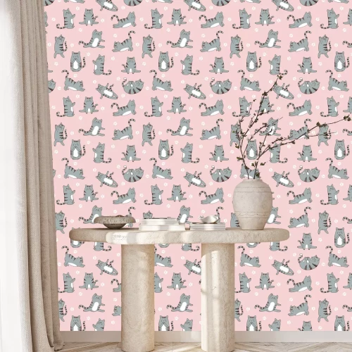 Tapete Graue Katzen auf rosa Hintergrund
