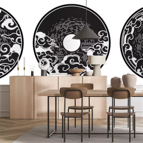 Sticker Moon and clouds decorative design element symbol. Oriental art and illustration.