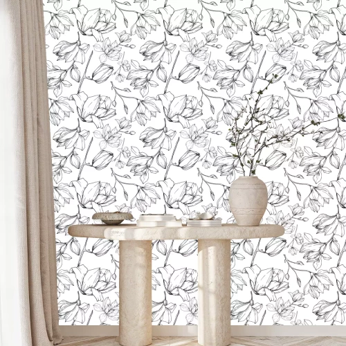 Tapete Vector Magnolia floral botanical flowers. Black and white engraved ink art. Seamless background pattern.