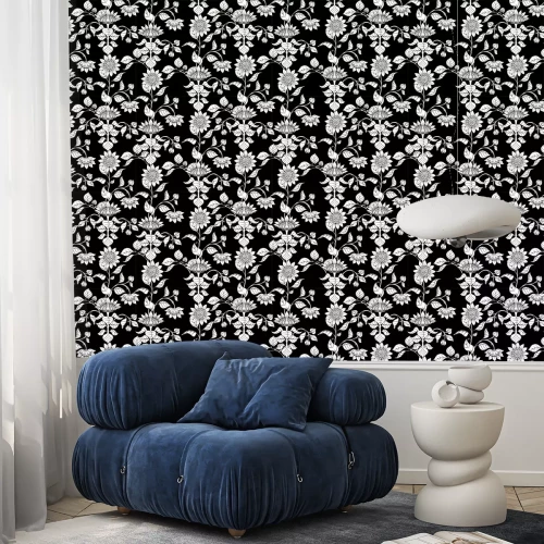 Tapete Sunflower. Seamless pattern, background. Black and white graphics Vector illustration. In art nouveau style, vintage, old retro style