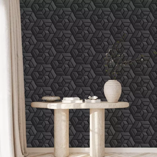 Tapete 3D wallpaper of 3D soft geometry tiles made from black leather. High quality seamless realistic texture.