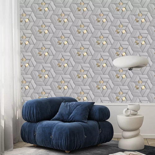 Tapete 3D wallpaper of 3D soft geometry tiles made from gray leather with golden decor. High quality seamless realistic texture.