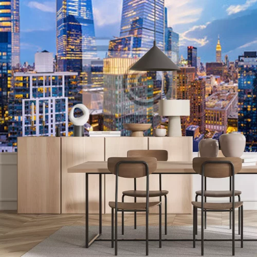 Fototapete Aerial panorama of New York City skyscrapers at dusk as seen from above the 29th street, close to Hudson Yards and Chelsea neighborhood