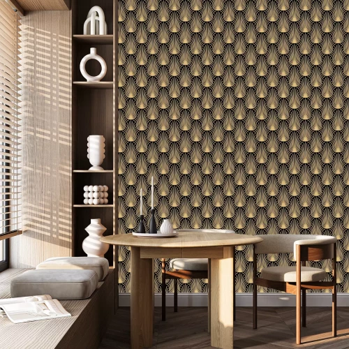 Tapete Schwarzes Pflanzenmotiv im Art-déco-Stil