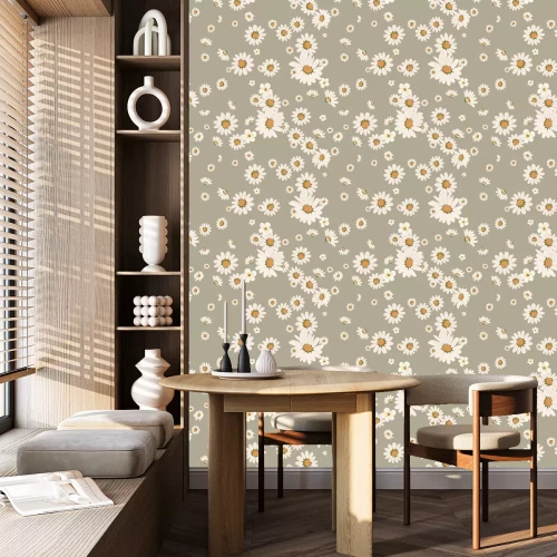 Tapete Grafische Gänseblümchen auf grauem Hintergrund