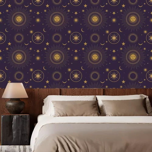 Tapete Moon, sun and stars, seamless ornamental pattern