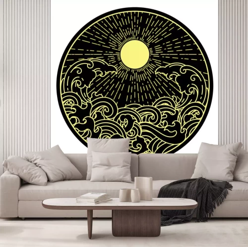 Sticker sunshine and water wave in round shape.Oriental symbolic illustration.