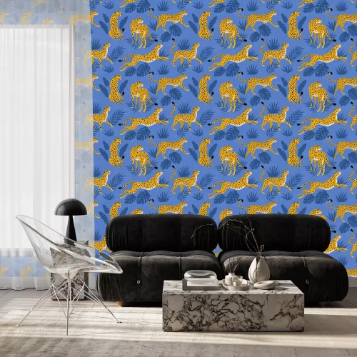 Tapete Leopard pattern with tropical leaves. Vector seamless texture.