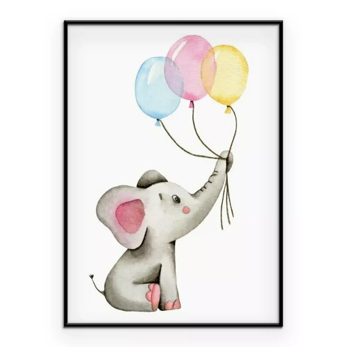 Poster Ein kleiner Elefant, der Luftballons hält