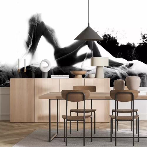 Fototapete Slender nude girl, covered by a cellophane film, through which only her silhouette is visible and her nakedness is covered, in the ruins of a destroyed building. Conceptual, artistic, creative design.