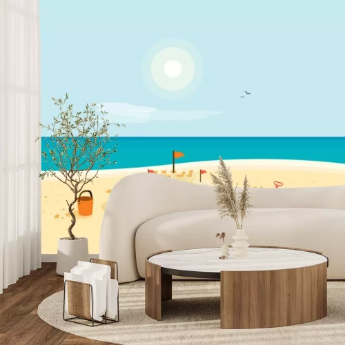 Sticker Lonely sand castle on sandy beach with blue sea ocean water and coast line clear summer sunny sky in background. Kid toys left on sand on holiday. Minimalist cartoon style flat vector illustration.