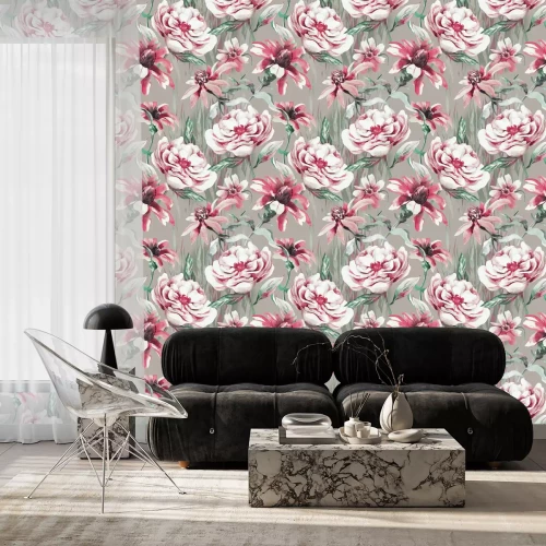 Tapete Rosa Pfingstrosen und Sonnenhut grauer Hintergrund