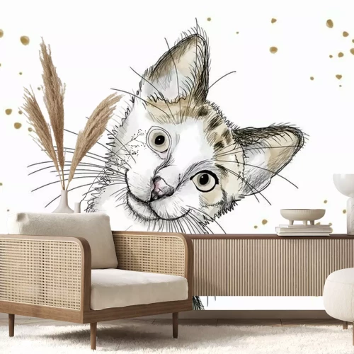 Sticker Watercolor hand drawn illustration: cute kitten with big eyes and a curious attitude