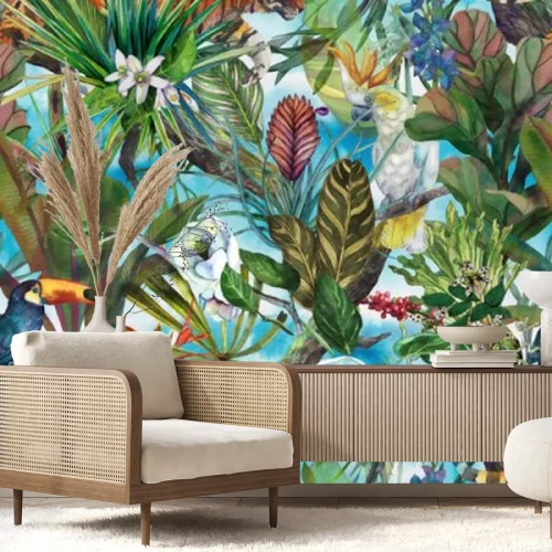 Sticker Tropical pattern with tiger and tropical flowers. Seamless pattern with orchids and wild cat.