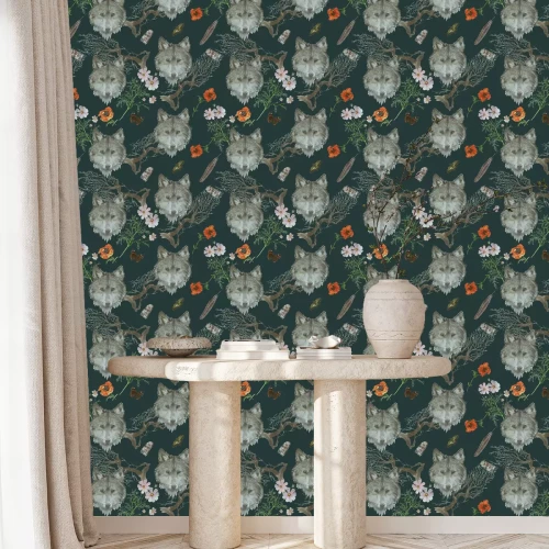 Tapete Wolfsköpfe, Zweige und bunte Blumen