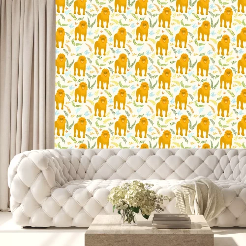 Tapete Muster mit einem Löwen zwischen exotischen Blättern