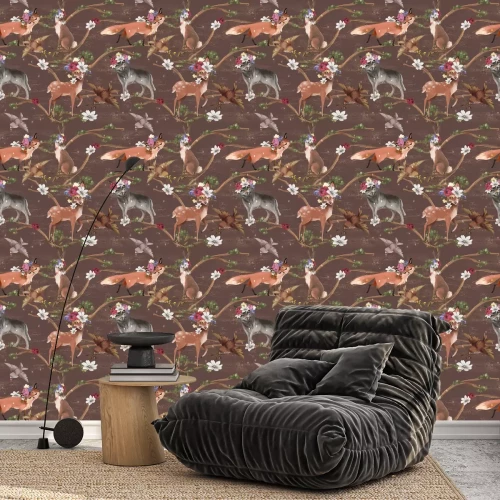 Tapete Aquarell Waldtiere und Blumen