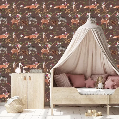 Tapete Aquarell Waldtiere und Blumen