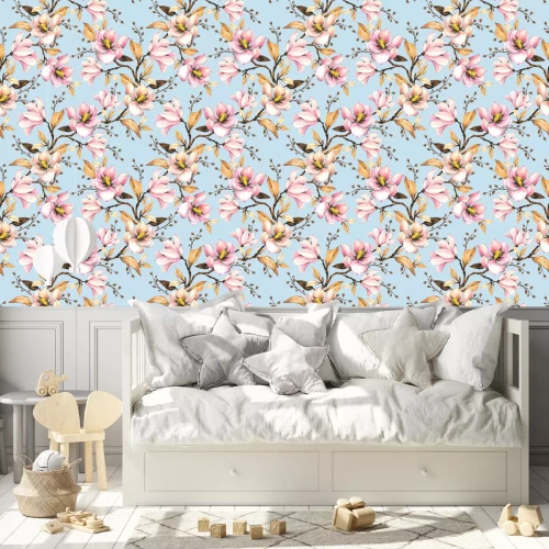 Tapete Seamless pattern with magnolias. Floral illustration . Hand drawing, watercolor.  Design wallpaper, fabric and packaging
