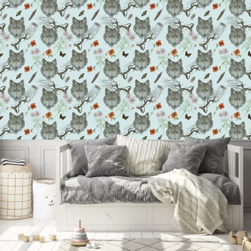 Tapete Graue Wolfsköpfe und Blumen