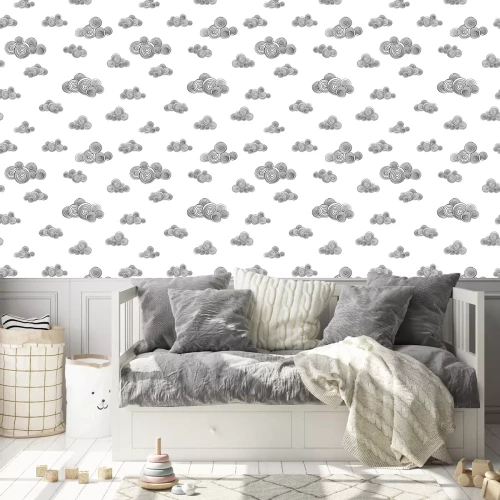 Tapete Seamless pattern with cute hand drawn curly clouds. Doodle.