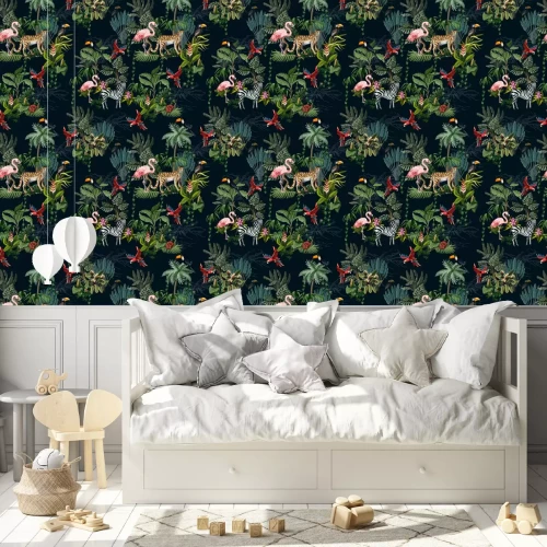 Tapete Exotische Dschungeltiere und Pflanzen für Kinder