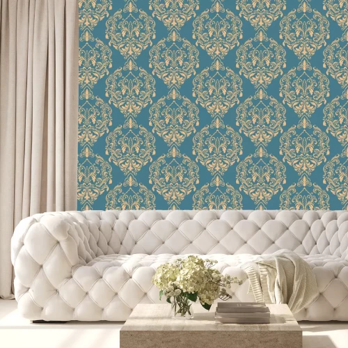 Tapete Blau-orangefarbenes Muster mit Ornament