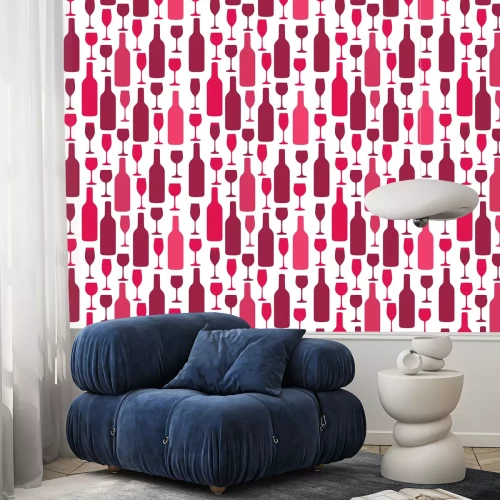 Tapete Seamless background with wine bottles and glasses. Bright colors pattern for web, poster, textile, print and other design