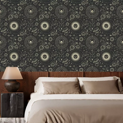 Tapete Vector illustration set of moon phases. Different stages of moonlight activity in vintage engraving style. Zodiac Signs