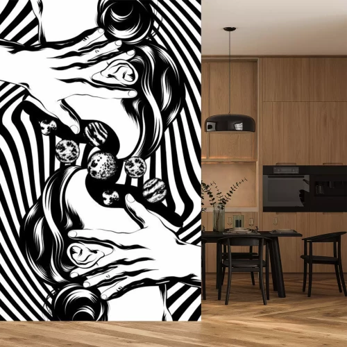 Sticker Vector hand drawn illustration of girls with planets . Creative  artwork. Template for card, poster. banner, print for t-shirt, pin, badge, patch.