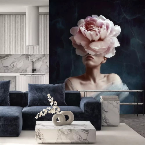 Fototapete Surrealistisches künstlerisches Konzept einer Frau mit Pfingstrosenkopf