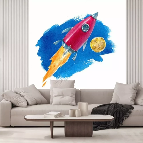 Sticker Watercolor illustration of space and rocket on white background