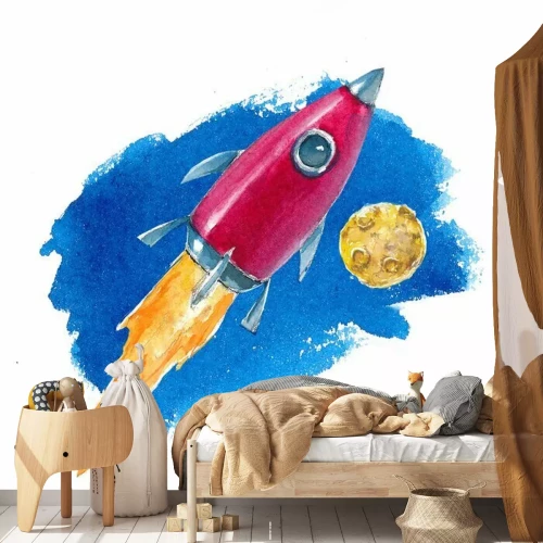 Sticker Watercolor illustration of space and rocket on white background